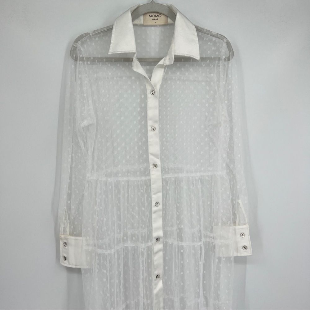 Momo New York Mesh Maxi Dress Tired ruffle gathering White Button Down one Size